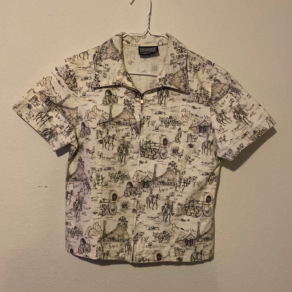 RoughRider Vintage Women’s Zip Up Top Cream With Western Art Size Small